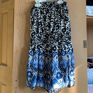 black and blue patterned strapless romper